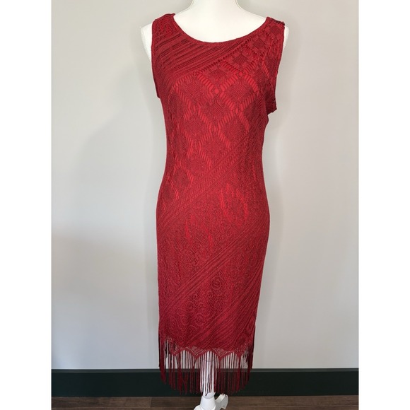 Savvy Dresses & Skirts - Vintage SAVVY Womens Fringe Flapper Dress Size L Red‎ Crochet Vampy Fairygoth